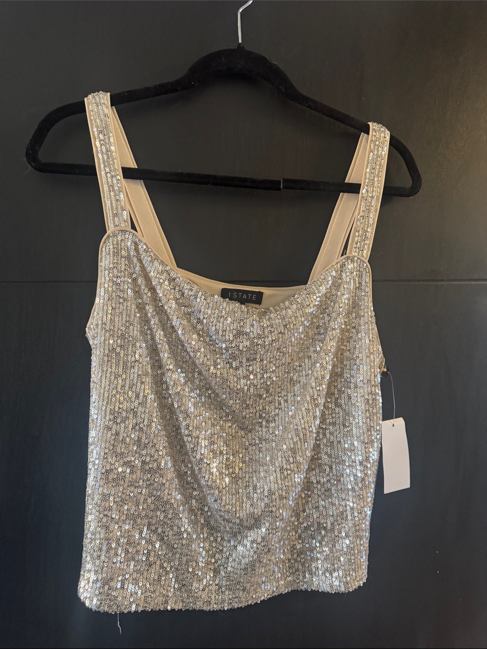 1. State Silver Sequin Cowl Tank with Embellished Straps